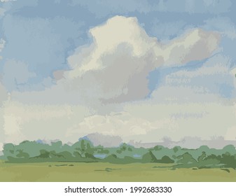 Vector image of watercolor landscape with big white cloud over field on summer day