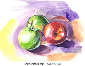 Vector image of the watercolor of three apples on the violet-yellow background.