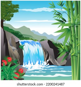 Vector image of a waterfall in the middle of the forest.