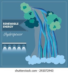Vector image of waterfall representing hydro power as a source of renewable energy