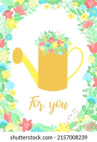 Vector image of a watering can with bouquet of flowers in the wreath. Hand-drawn Easter illustration for spring happy holidays, summer, greeting card, poster, banner, garden, children, print