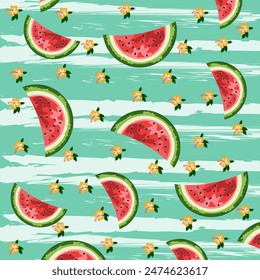 vector image of a watermelon in hand on a blue background with white stripes and tropical yellow flowers background PNG