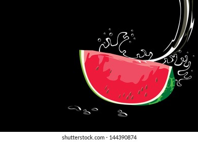 vector image of watermelon piece and water drops, isolated on black