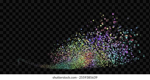 Vector image with a wave of bright bokeh particles on a transparent background. Rainbow sparkles and shimmering dots create a shining stream effect, perfect for New Year and holiday designs.