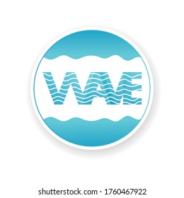 Vector image of the waves of the sea, ocean, lake, river flow. Abstract pattern of wavy lines in blue and the signature WAVE. Logo template, sticker, badge, icon, stamp, pictogram for tourism.