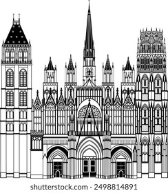 Vector image of the west front of Rouen Cathedral in France