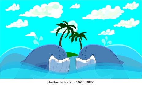 Vector image of whales in the sea.