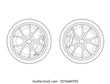 Vector image of wheels with discs and calipers (rear and front wheels)