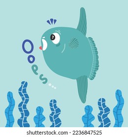 놀라는 귀여운 개복치(A vector image in which a cute ocean sunfish is surprised in the sea)