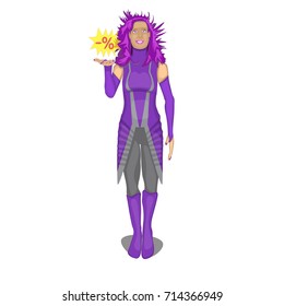A vector image in which the girl in a violet color suit shows "-%"