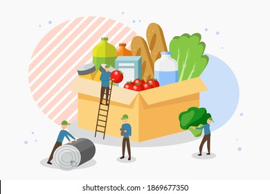 Vector image in which a group of people collects donations to people in need in a box with canned food, water, cereals, vegetables. The concept of volunteer voluntary assistance to those in need.