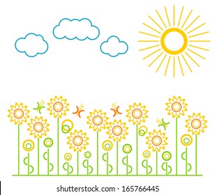 Vector image which are summer flowers, clouds and sun.