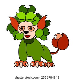 Vector image of a whimsical, green, and orange fantasy creature with a leafy mane, large ears, and a playful expression. Perfect for children’s books, fantasy themes, and creative projects.