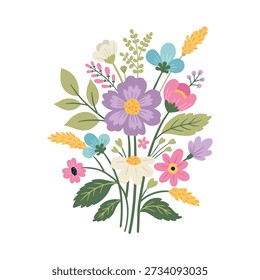 vector image of whimsical meadow flower bouquet in flat folk style, simplified botanical forms, soft solid colors, decorative naive composition, clean white background
