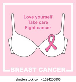 Vector image of a white bra with pink ribbon symbolizing Breast Cancer Month. A call for women around the world to take care of their health and get a breast test