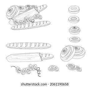 Vector image of white bread and other flour products. Outlines style. Isolated on a white background. EPS 10