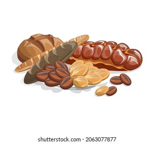 Vector image of white bread and other flour products compiled into a ready-made composition. Muzltfilm style. Isolated on a white background. EPS 10