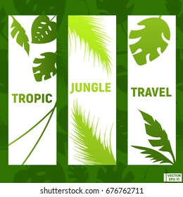 Vector image. White cards with green tropical leaves. Banners on a green seamless background. Tropics, tourism, travel