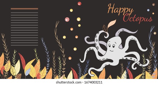 Imagen vectorial de un pulpo blanco de dibujos animados sobre un fondo oscuro entre las algas con las palabras "pulpo feliz" y un puente debajo del texto
