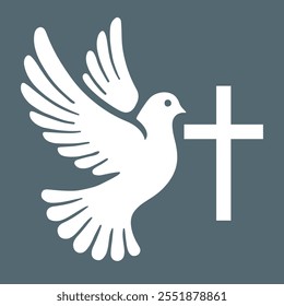 A vector image of a white dove symbolizing peace, positioned near a cross, set against a gray-blue background. This illustration carries religious and spiritual significance.