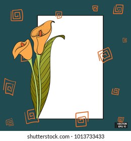 Vector image. White frame with orange calla flower on a blue background.