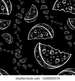 Vector image of white hand drawn slices of cheese in different proportions on a black background. Seamless background for wallpaper, textile and wrapping paper.