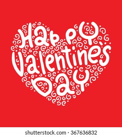 Vector image of a white heart symbol made of spiral curves, dots and the inscription "Happy Valentine's Day" on a red background. Valentine's Day. Holiday card. Vector illustration. 