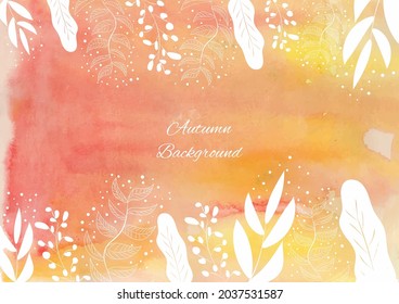 Vector image of white leaves silhouettes on orange watercolor autumn background