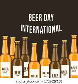 Imagen vectorial con letras blancas del día internacional de la cerveza en un fondo marrón oscuro. Botellas de cerveza clara y oscura en un fondo marrón con el texto "Día internacional de la cerveza"