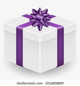 Vector image of a white, realistic, gift box with a purple ribbon and a bow, isolated on a white background