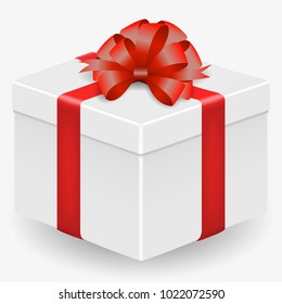 Vector image of a white, realistic, gift box with a red ribbon and a bow, isolated on a white background