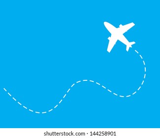 vector image of white silhouette of jet airplane, isolated on blue