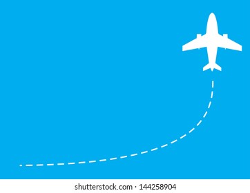 vector image of white silhouette of jet airplane, isolated on blue