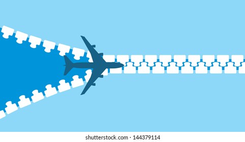 Vektorbild einer weißen Silhouette mit Reißverschluss für Düsenflugzeuge einzeln auf Blau
