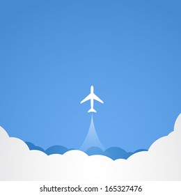 vector image of white silhouette of jet airplane, isolated on blue