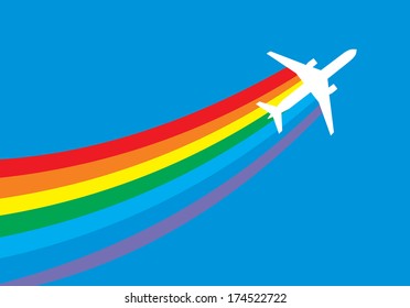 vector image of white silhouette of jet airplane with rainbow trail