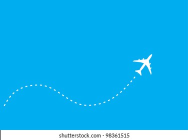 vector image of white silhouette of jet airplane, isolated on blue