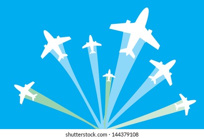 imagen vectorial de las siluetas blancas de aviones a reacción vuelan a diferentes maneras, aisladas en azul