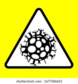 Imagen vectorial de un signo de virus triángulo blanco en un fondo amarillo.  La molécula de virus en forma de círculo negro con manchas blancas y antenas.