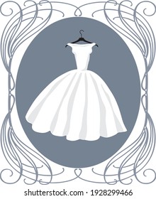 Vector image of white wedding dress in vintage decorative frame