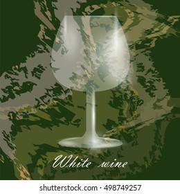 Vector image with white wine glass close up on dark abstract background with signs. Wine menu