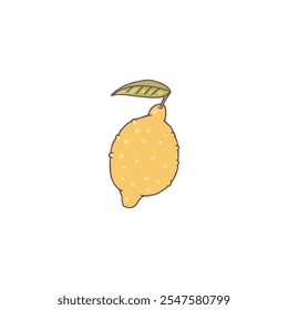 Vector image of a whole lemon with a leaf and peel. A hand-drawn citrus fruit is perfect for graphic design. Useful for projects where a lemon logo or icon