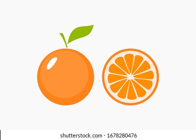 Vector image of whole orange with leaves and half of it on gray background.