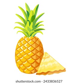 Vector image of whole pineapple and slice on isolated white background. Tropical fruit. Ripe and tasty product.
