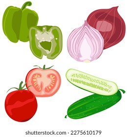 Vector image of a whole and sliced cucumber, tomato, onion and bell pepper. Natural vegetables. Food icons.