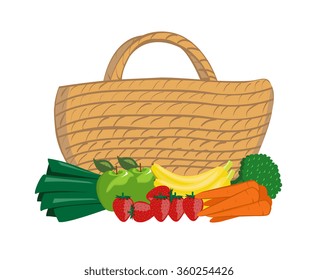 Vector image of a wicker shopping basket with fruit and vegetables