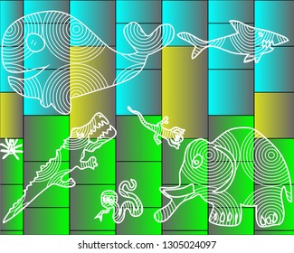 Vector image of wild animals such as crocodile, whale, shark, elephant, snake, lizard, spider.