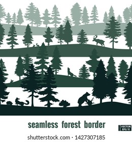 Vector image. Wild nature background. Seamless border silhouette of a coniferous forest with animals.