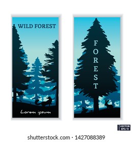 Vector image. Wild nature. Silhouette of a coniferous forest with animals. Set of two blue banners.