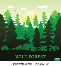 Vector image. Wild nature. Silhouette of a coniferous forest with animals. Square green banner with the image of a deer and bunnies.